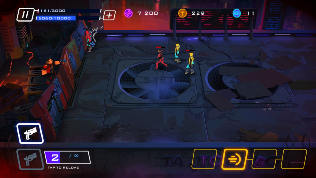 A screenshot from Knocknock Games' cyberpunk mobile shooter Uprising