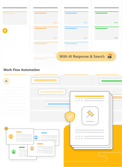 Knovos Manage marketing illustration showing task boards, workflow connections and document cards