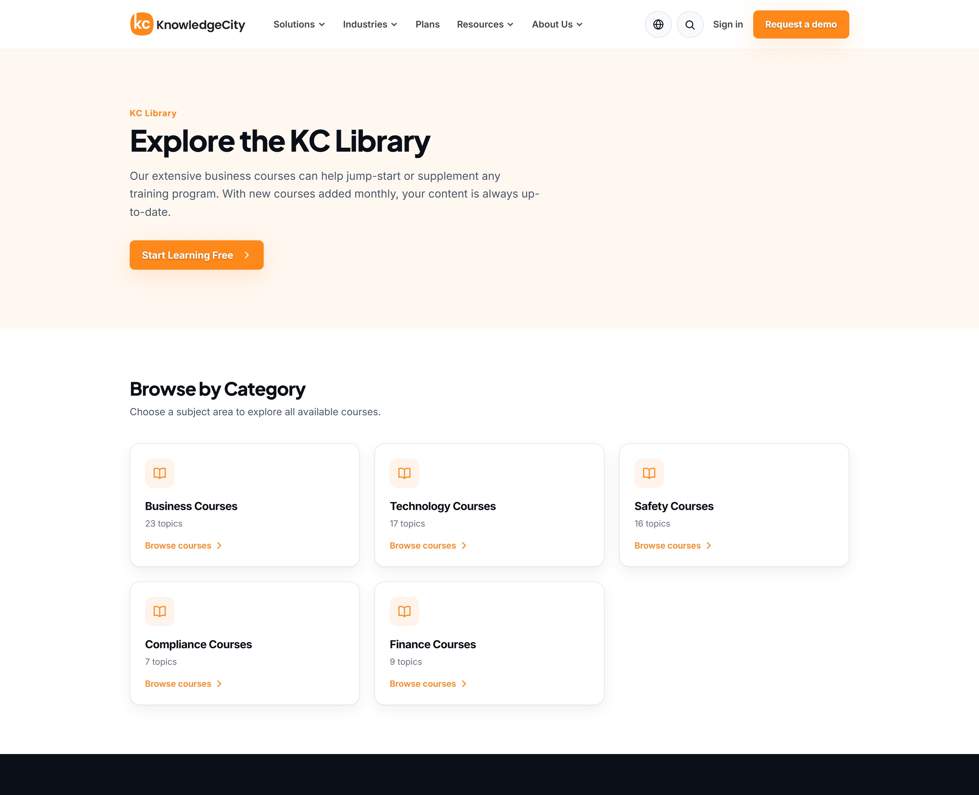 KnowledgeCity’s public learning catalog showing business, technology, safety, compliance and finance categories