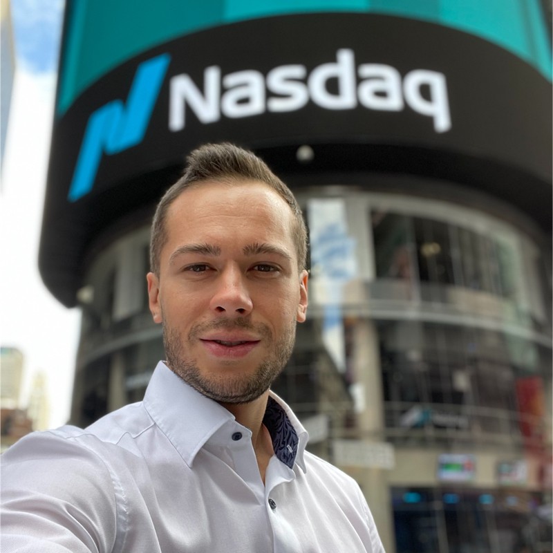KnubiSoft founder Den Burenok photographed outside Nasdaq