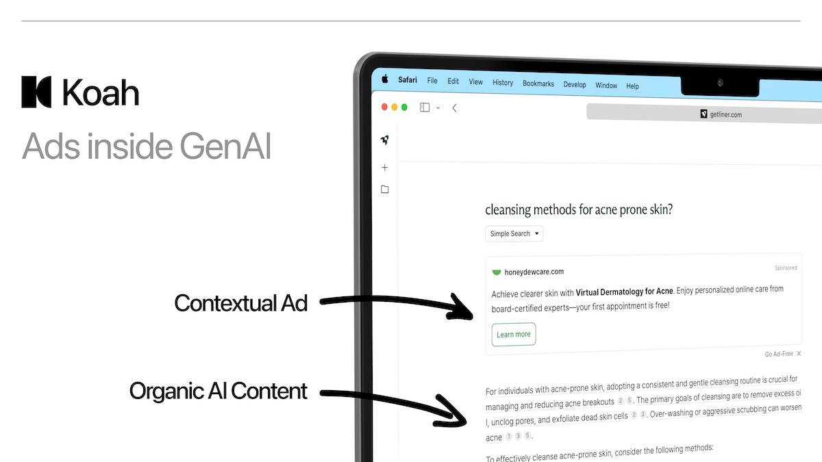 Koah product example showing a labeled contextual ad beside an AI answer about acne care