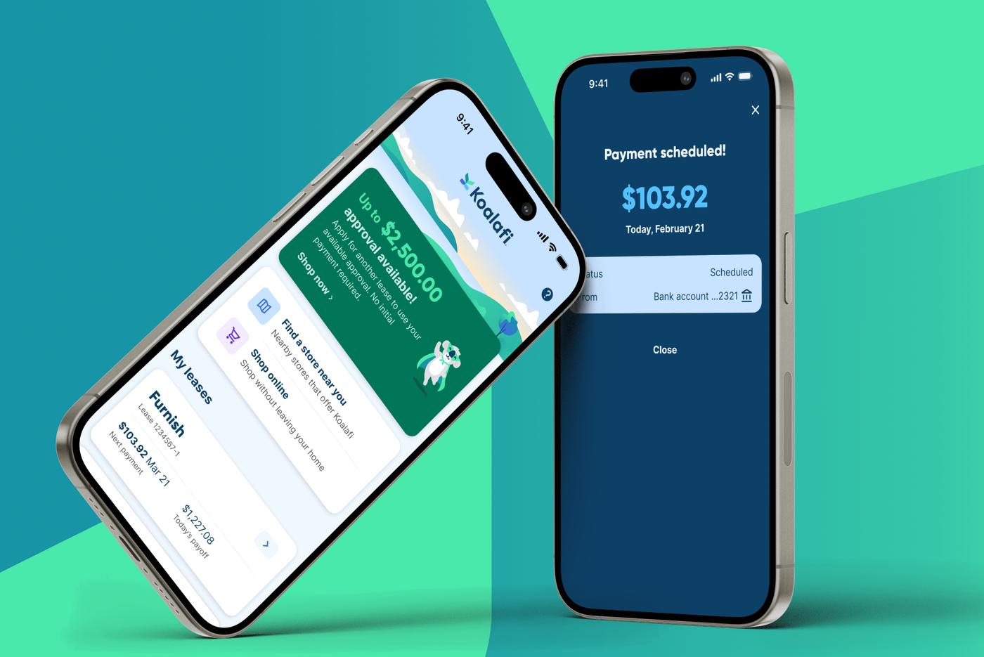 Koalafi app screens showing a lease overview and payment confirmation