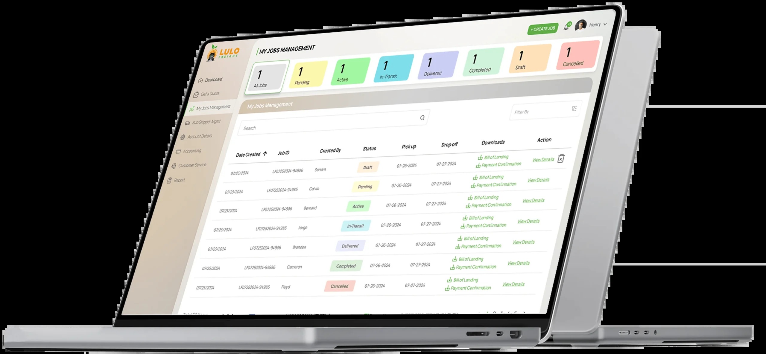 Lulo Freight job management interface displayed on a laptop
