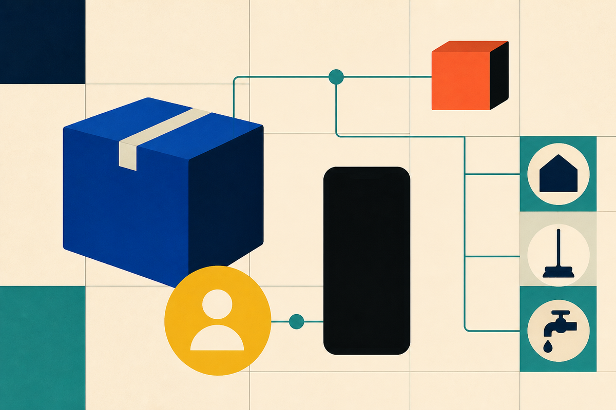Abstract Swiss-style illustration of a parcel, a mobile device and household services connected by a commerce network