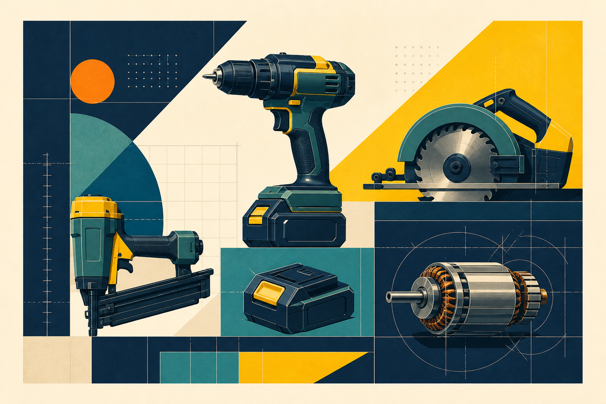 Geometric Swiss-style illustration of cordless tools, a battery and an electric motor arranged on an engineering grid