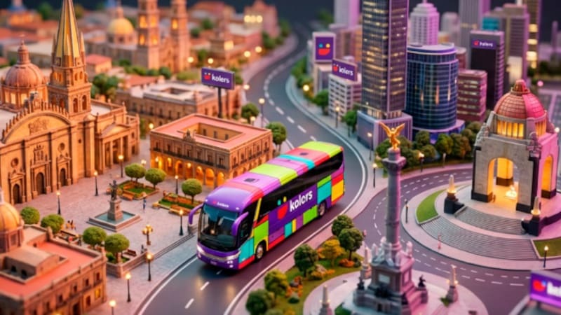 Promotional illustration of a colorful Kolors coach traveling through a miniature Mexican city