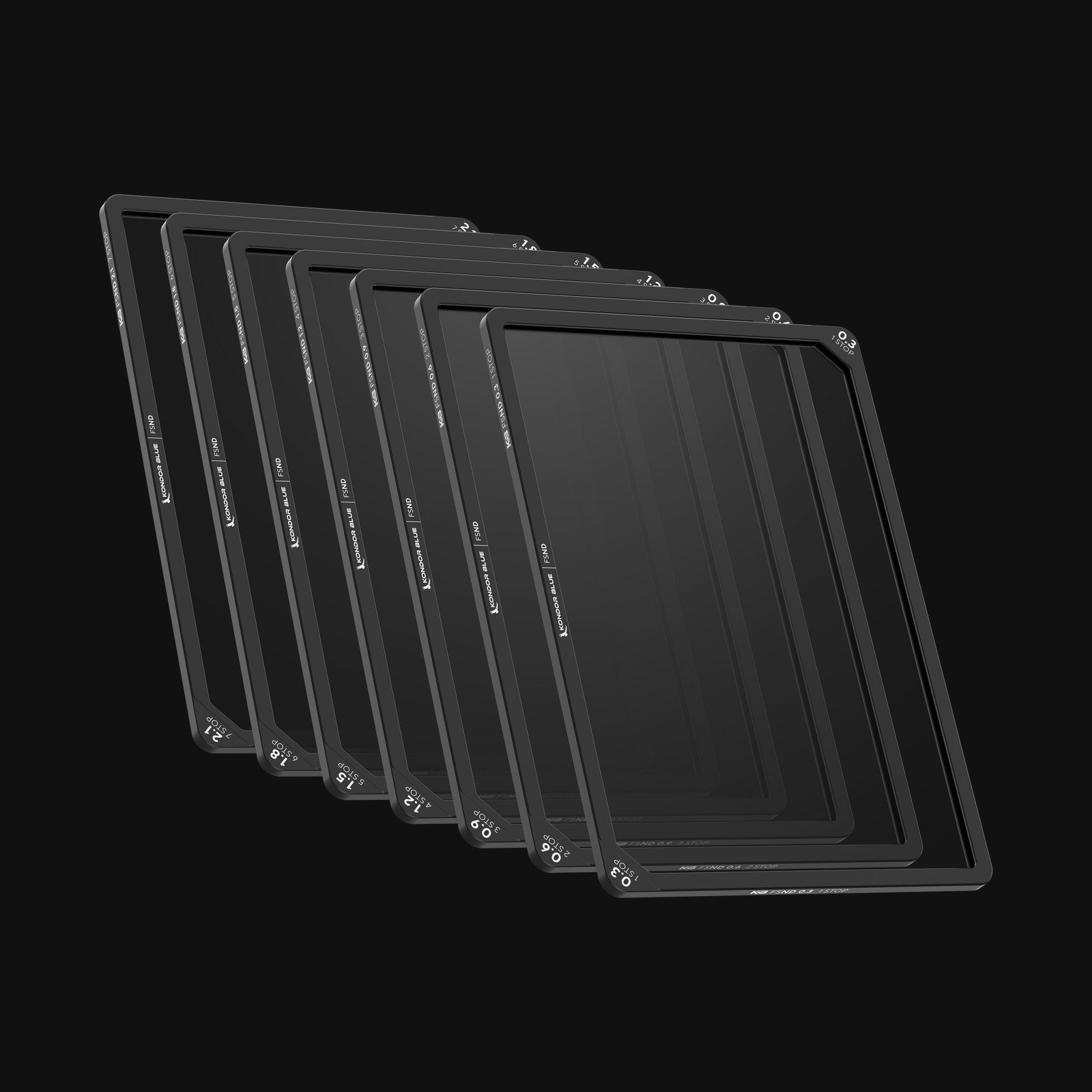 A set of Kondor Blue FullSpec neutral-density filters in black aluminum frames