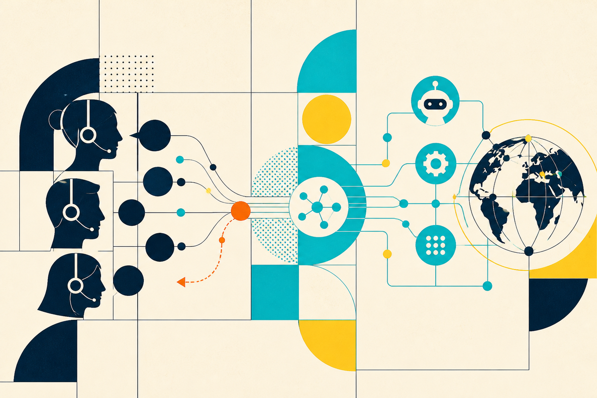 Abstract Swiss-style illustration of human service agents and automated systems connected across a global network