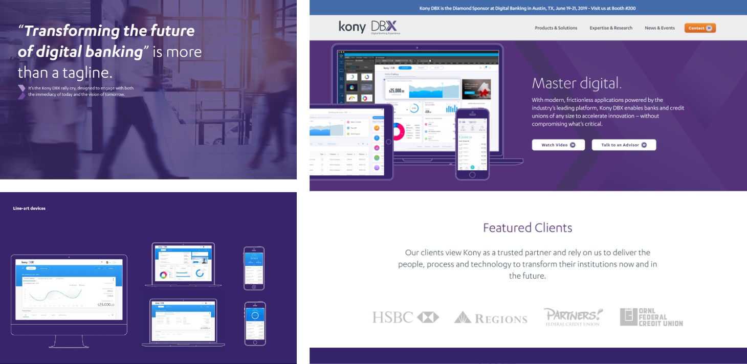 Archived Kony DBX marketing layouts showing banking interfaces on phones, tablets and desktop screens