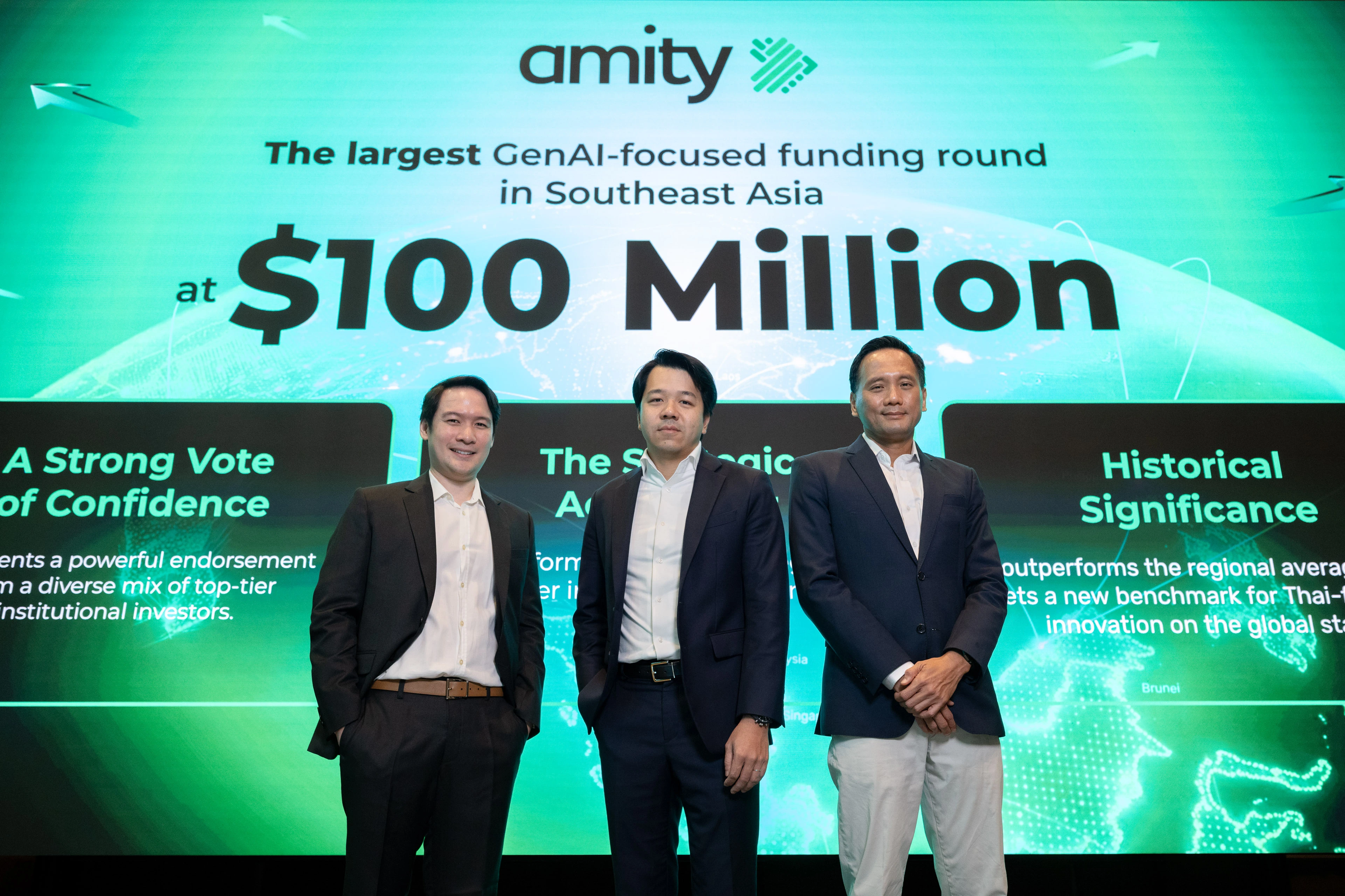 Korawad Chearavanont, centre, with Amity colleagues at the March 2026 Series D announcement