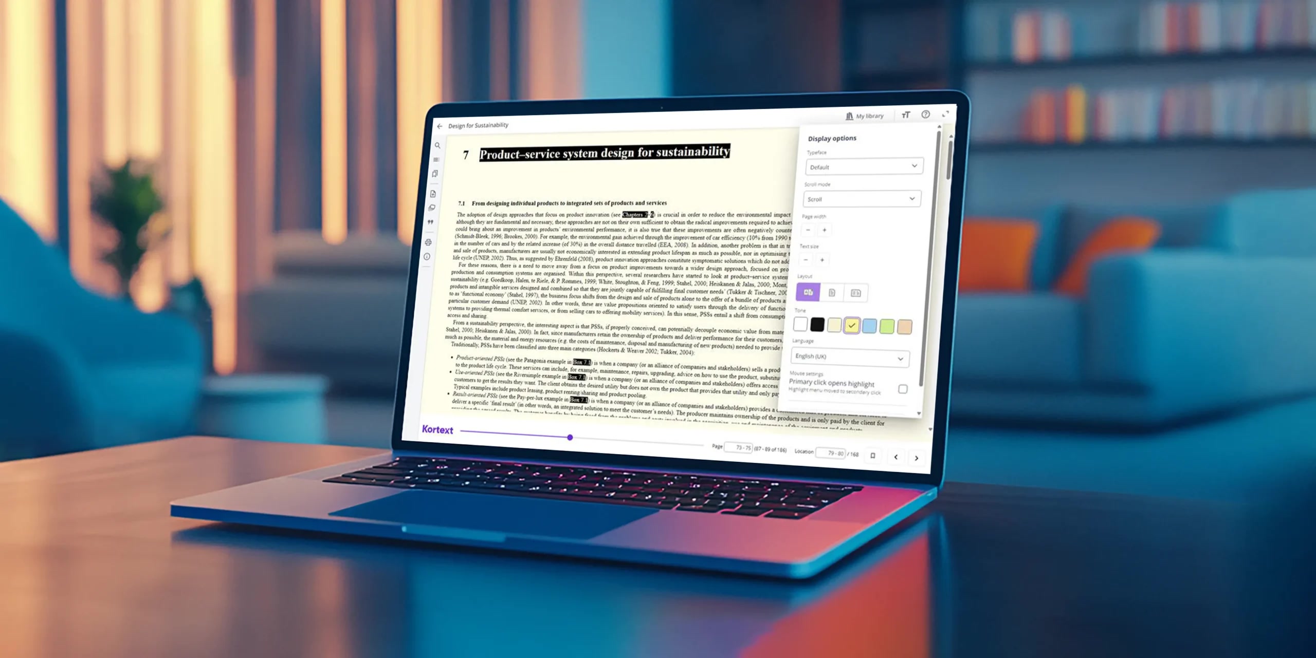 Laptop displaying Kortext's accessible digital textbook reading interface