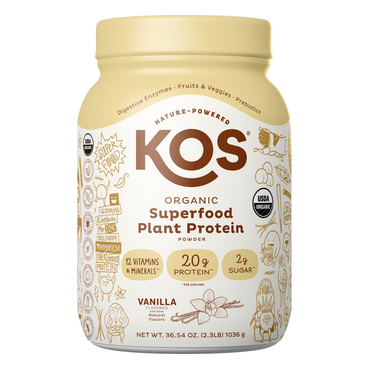 KOS organic vanilla plant protein tub