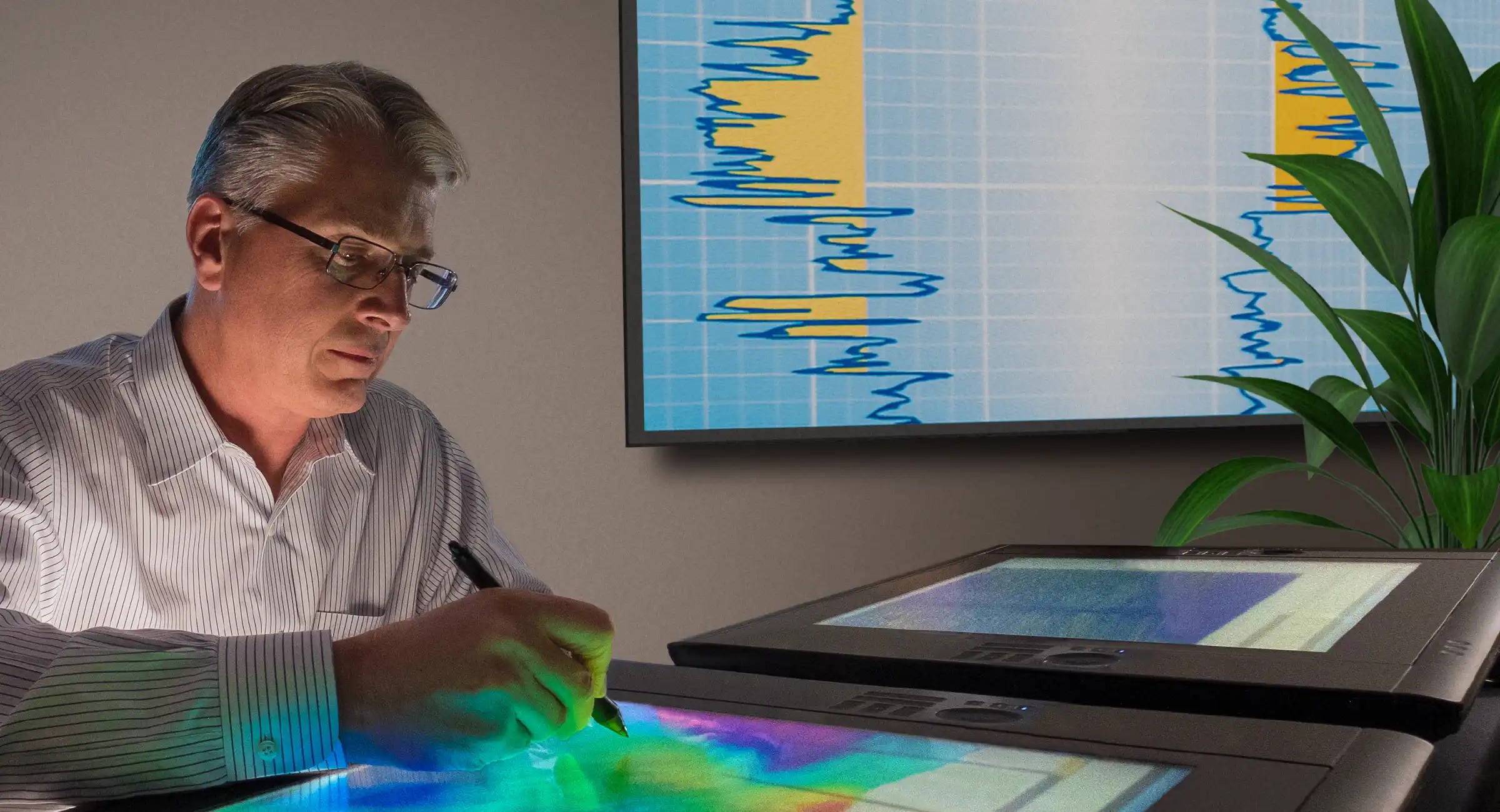 A technical specialist working with a geological visualization at Kosmos Energy