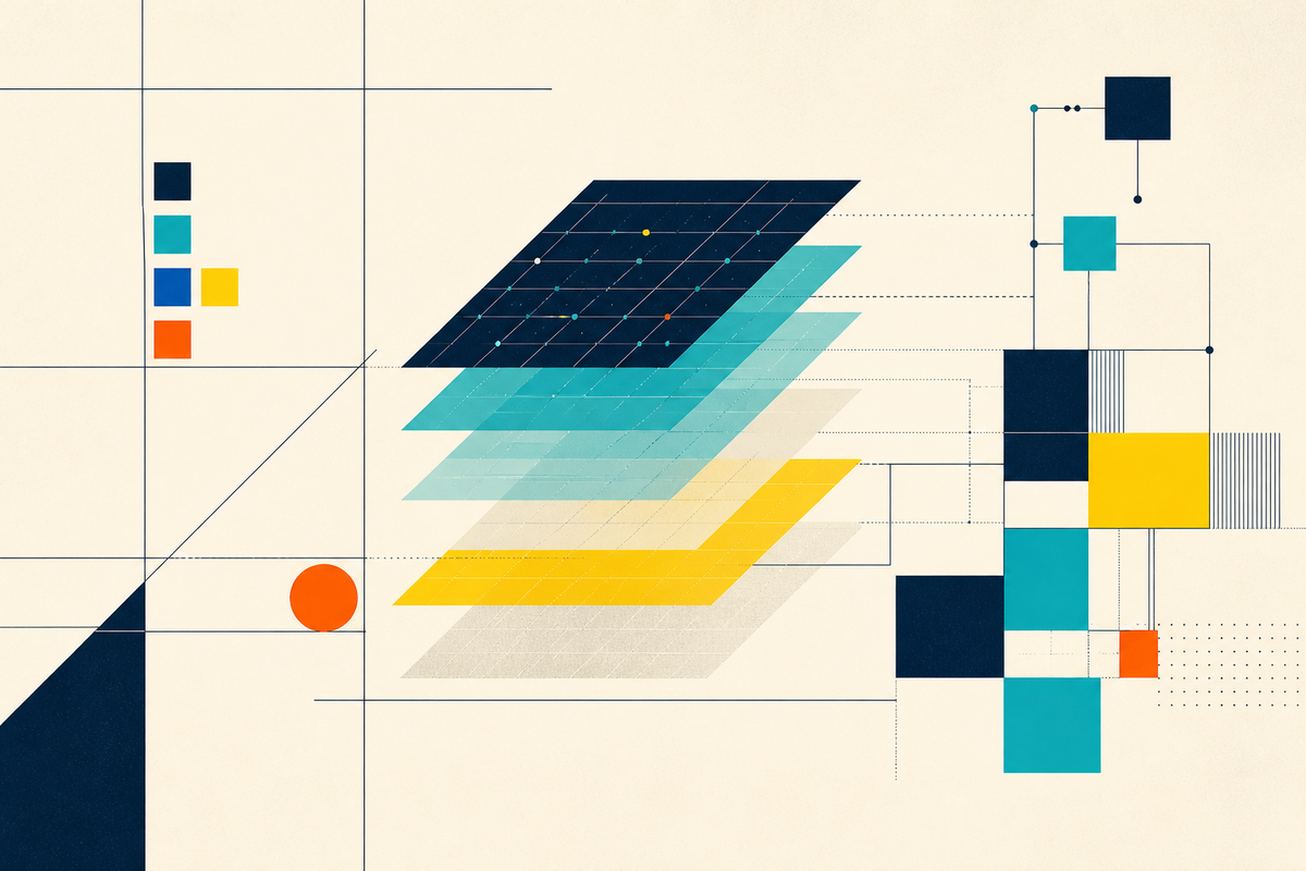 Abstract Swiss-style illustration of layered evidence grids connecting to an enterprise system