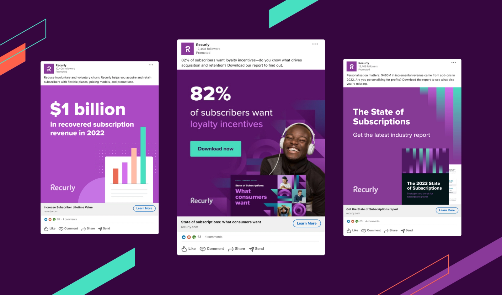 Three examples of Recurly paid social advertisements designed for reports and subscriber tools