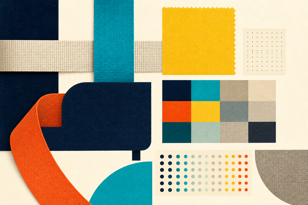 Abstract Swiss-style composition of woven ribbons, geometric upholstery forms and color swatches