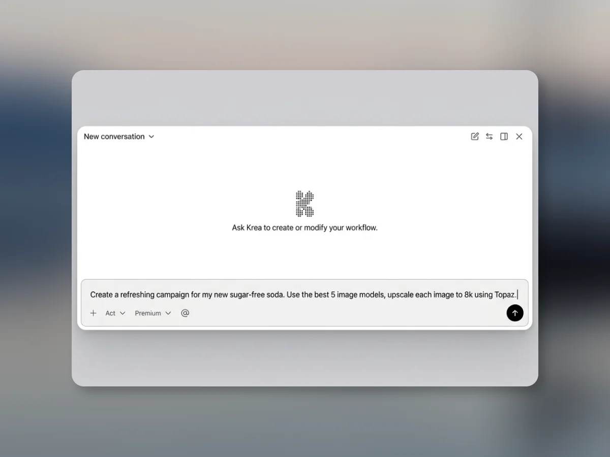 Krea Node Agent interface with a campaign workflow prompt
