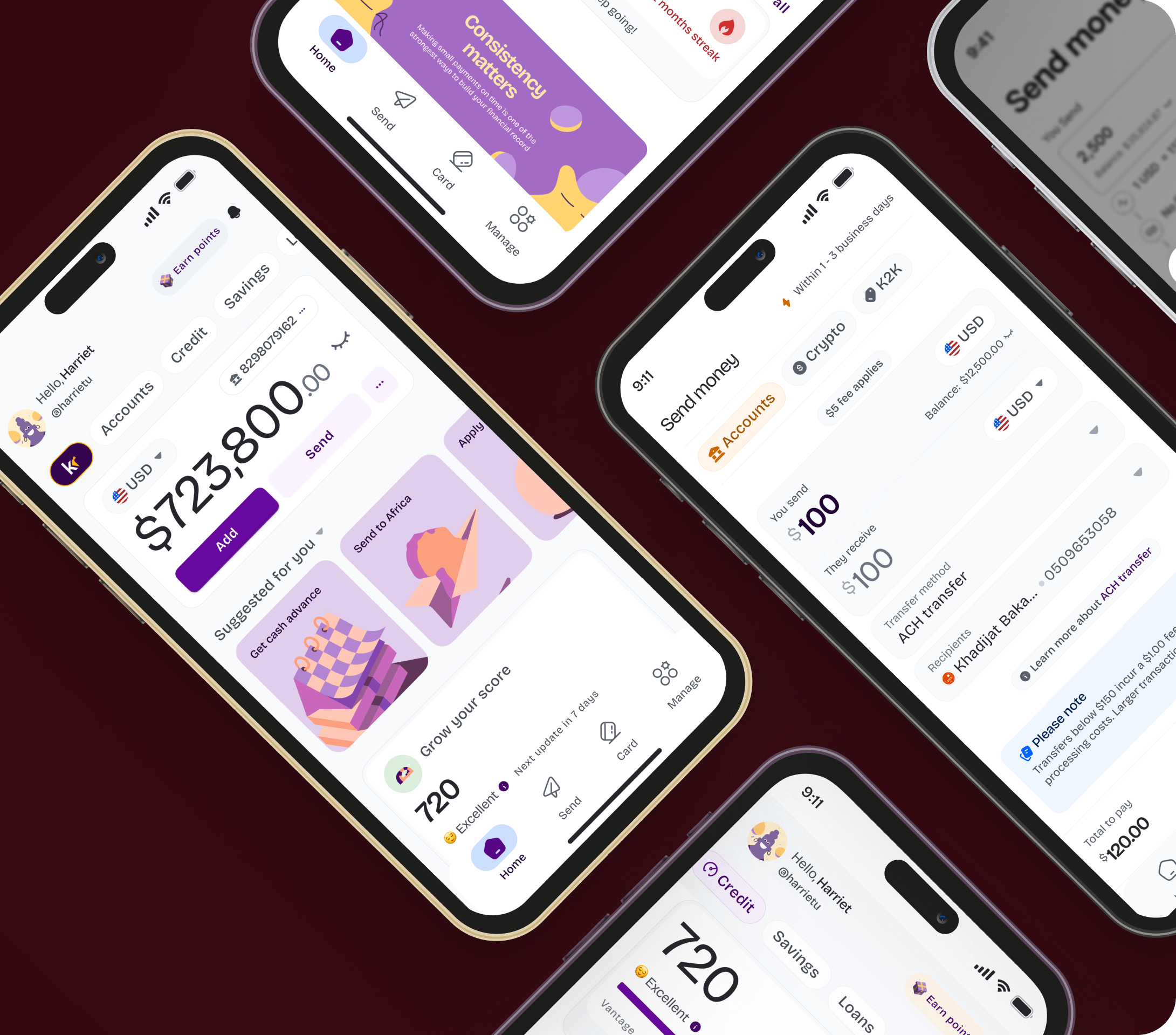 Kredete app marketing image showing an account, credit score and transfer screen