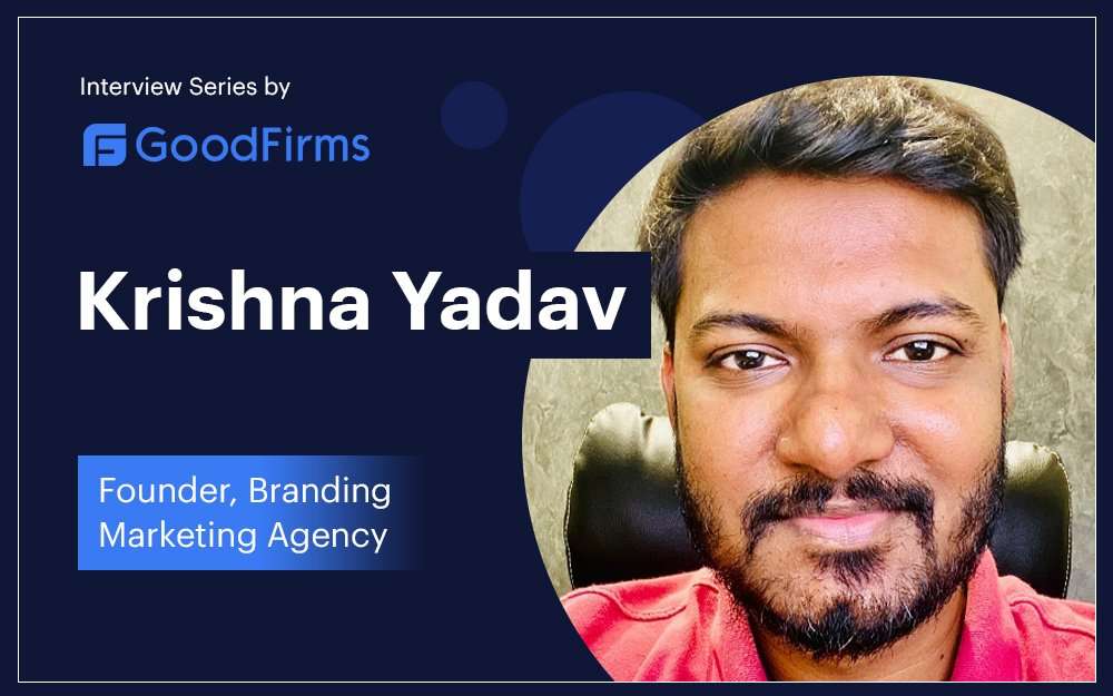 Published interview graphic identifying Krishna Yadav as founder of Branding Marketing Agency