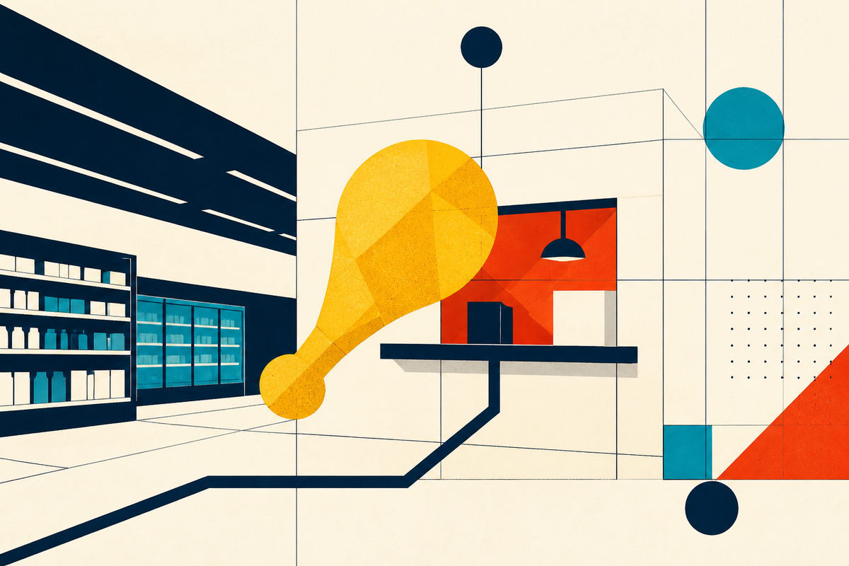 Abstract Swiss-style illustration of a golden chicken drumstick floating through a convenience-store grid toward a compact food counter
