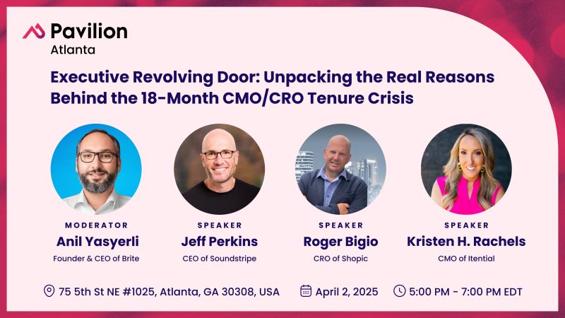 Pavilion Atlanta event graphic featuring Kristen Rachels with fellow revenue leaders at an April 2025 CMO and CRO panel