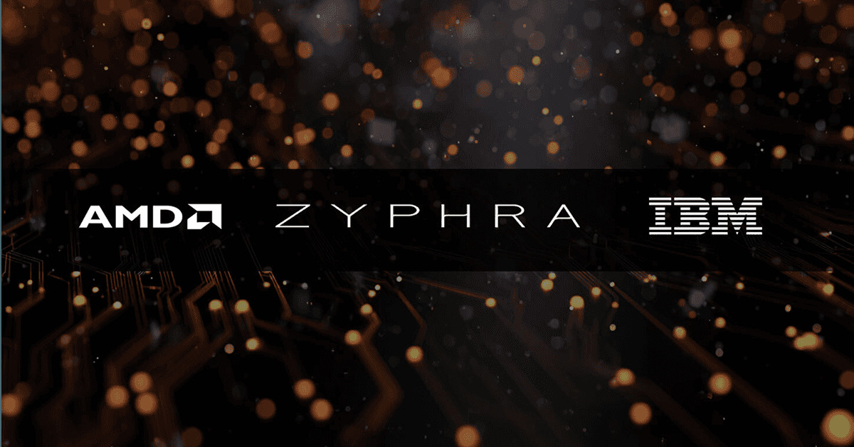 A joint AMD, Zyphra and IBM graphic over a dark circuit-board background