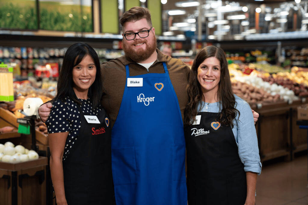 Kroger-family associates wearing several regional store banners
