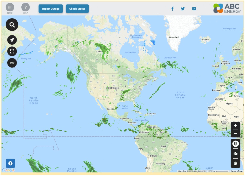 KUBRA demonstration outage map showing weather radar across North America