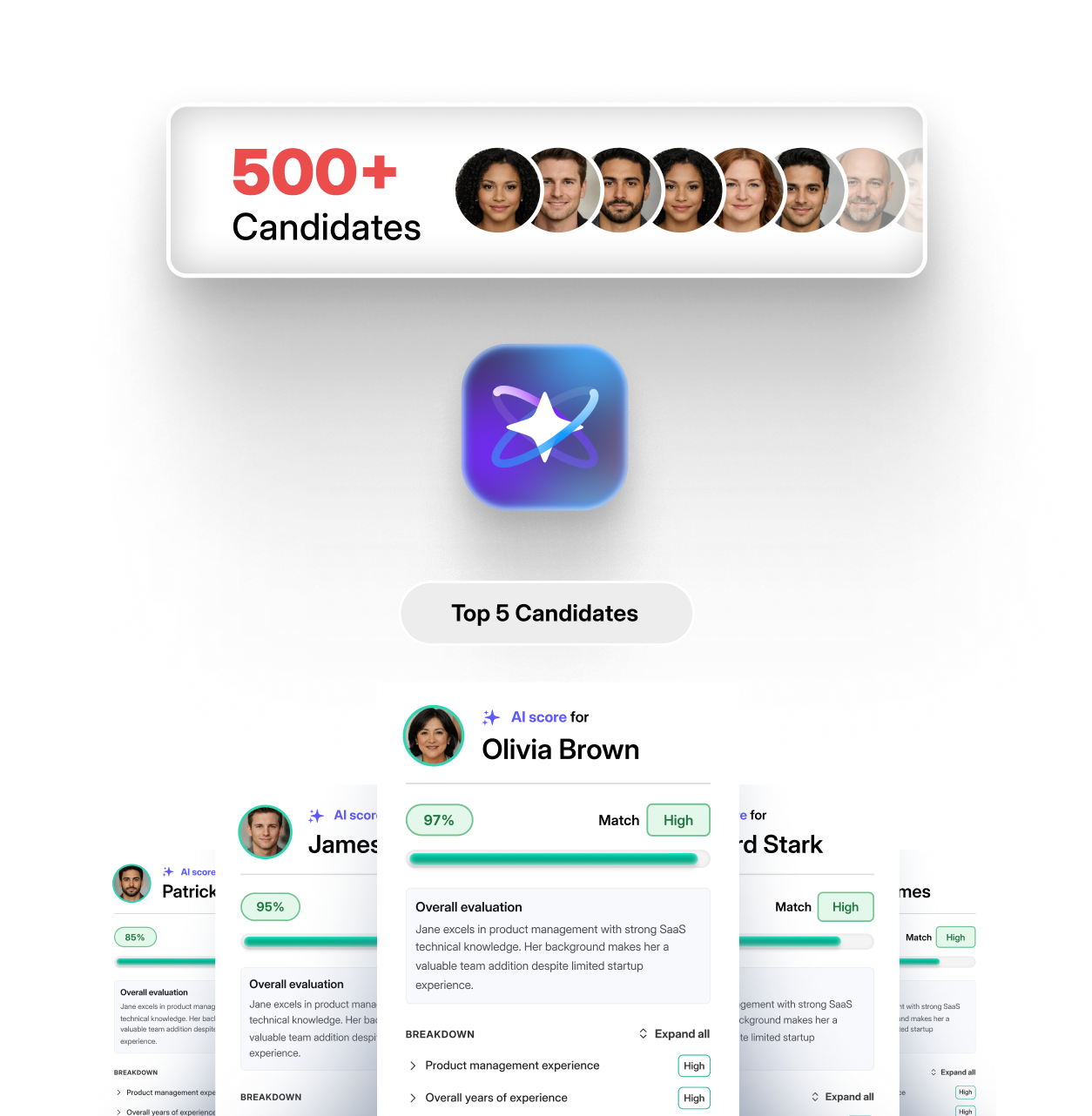 Kula AI candidate scoring illustration ranking applicants with match percentages and reasons