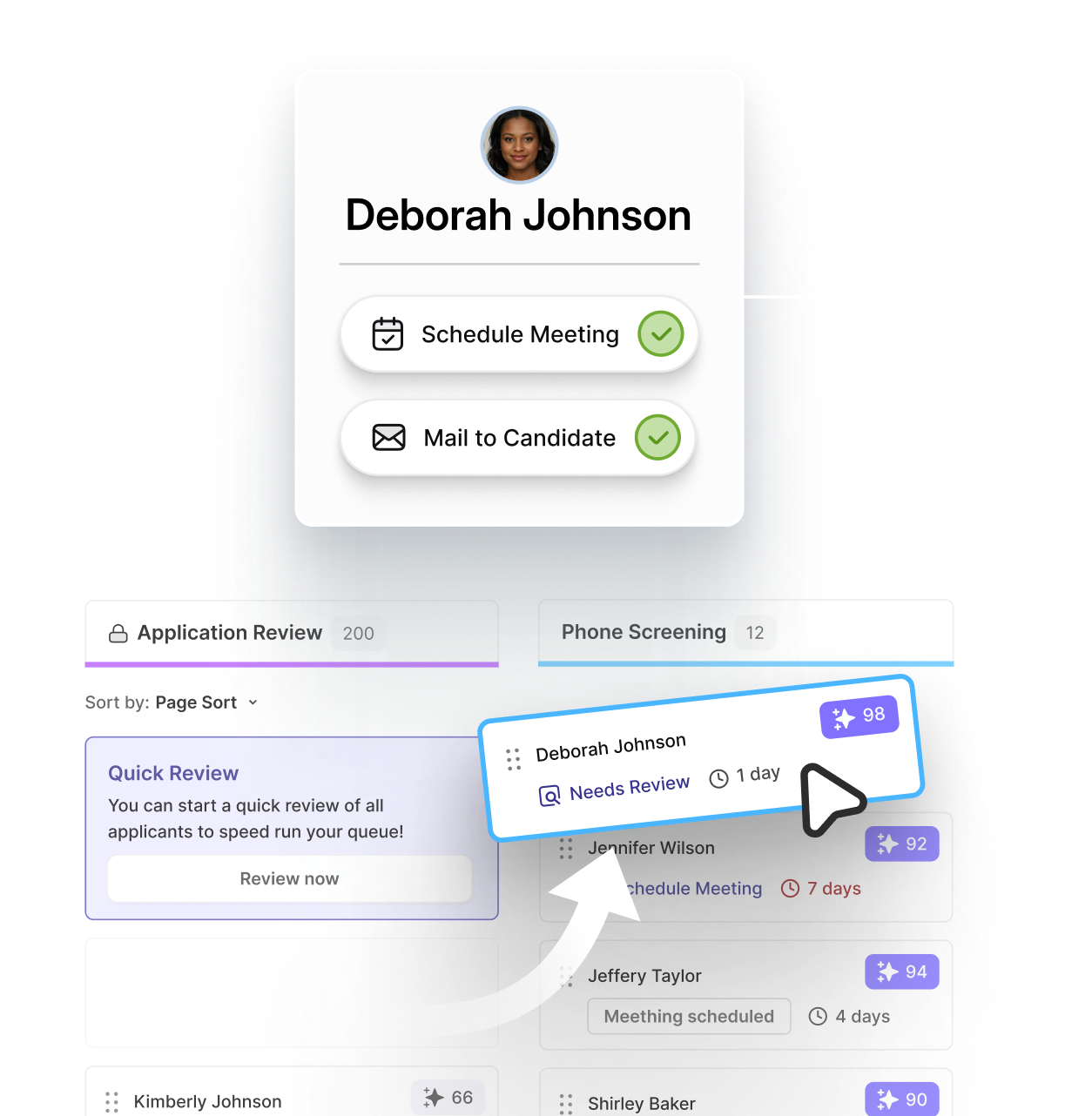 Kula applicant pipeline illustration with AI scores, a quick review queue and automated candidate actions