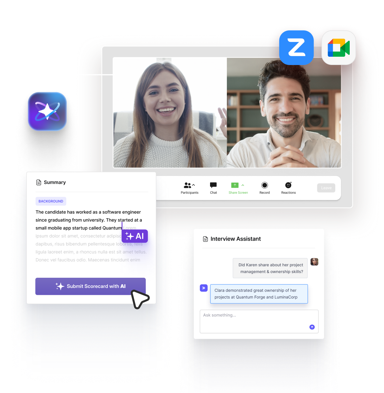 Kula AI interview assistant generating a summary and helping complete a scorecard during a video interview