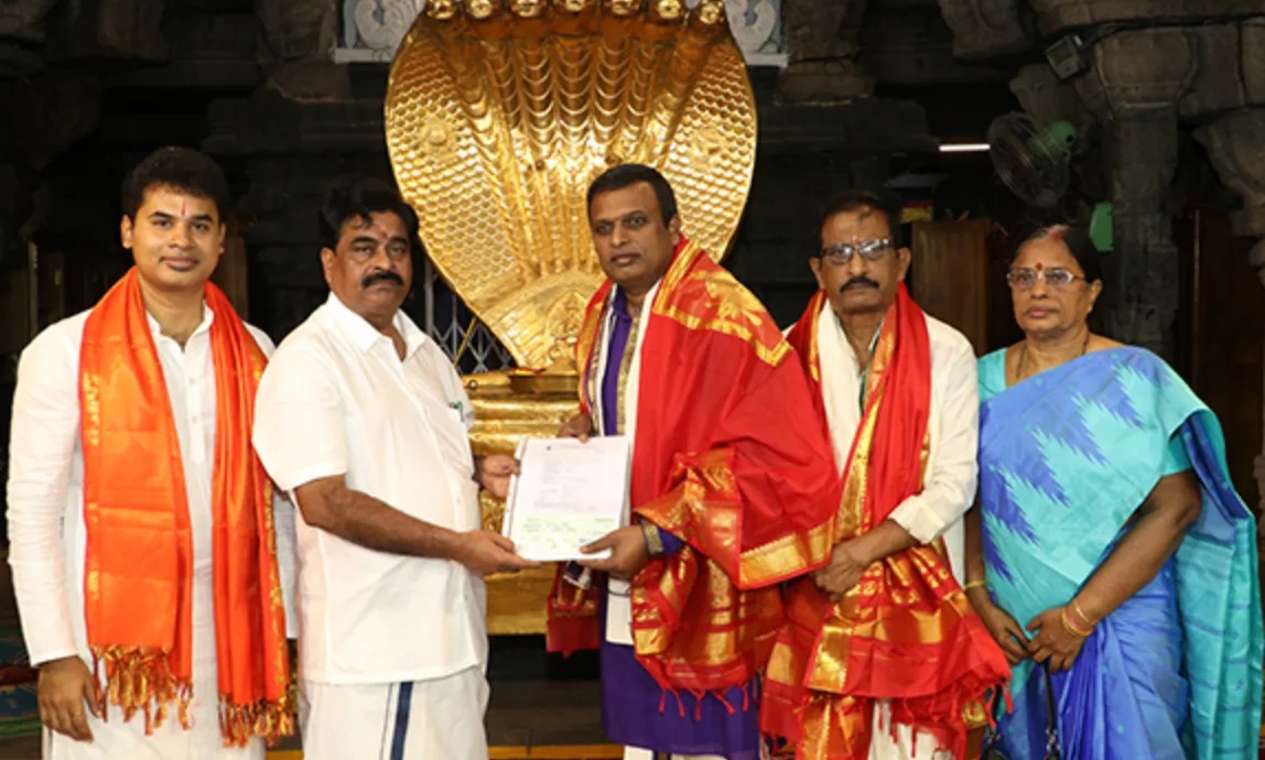 Kumar Kanakamedala at the July 2026 donation presentation in Tirumala