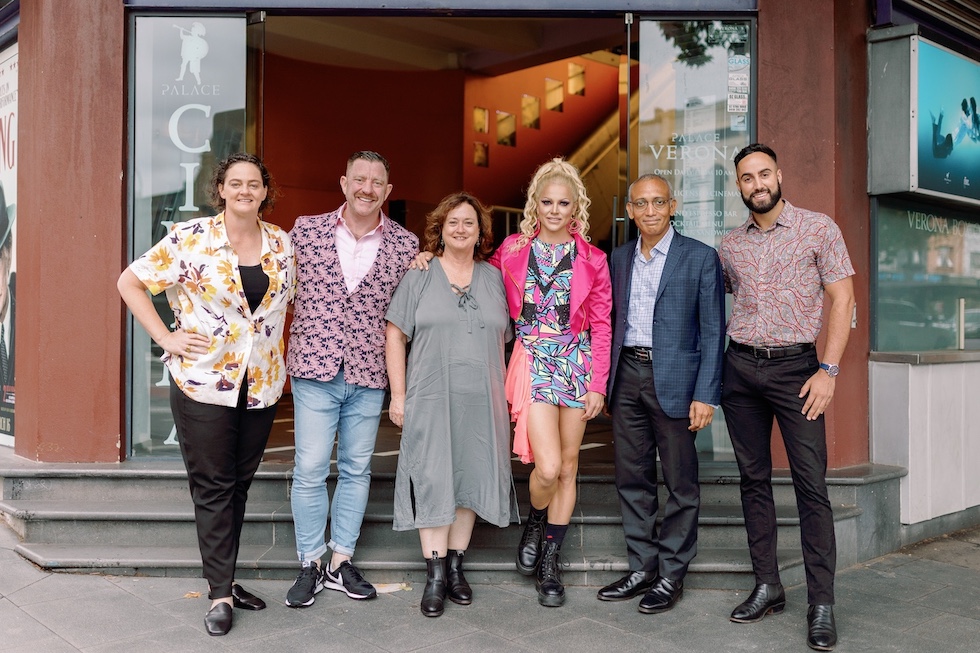 Kumar Venkatasubramanian with Kate Wickett, Brent Miller, Amanda Lampe, Courtney Act and Matty Mills outside Palace Verona cinema
