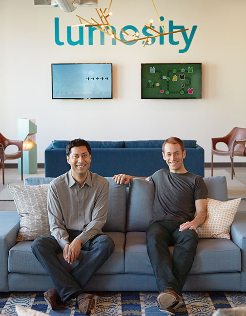 Kunal Sarkar on the left and Michael Scanlon seated on a sofa at Lumosity