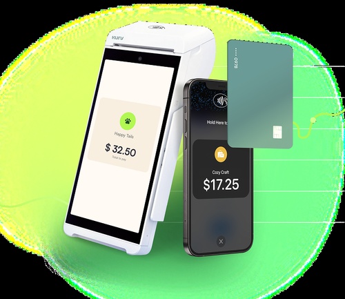 Kurv product illustration showing a handheld terminal and smartphone accepting contactless payments
