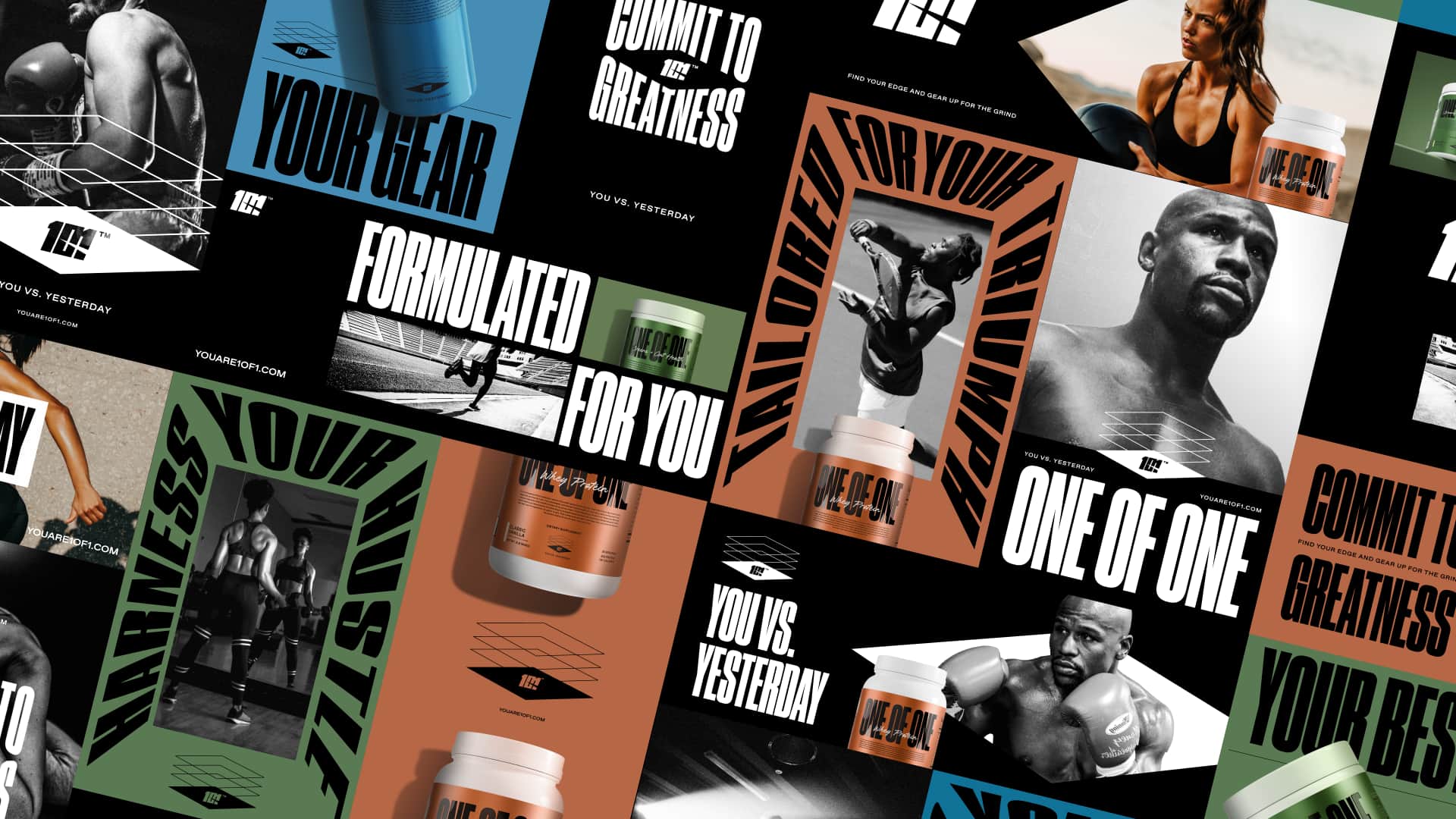 One of One sports nutrition identity collage with supplement tubs, athlete photography and bold typography