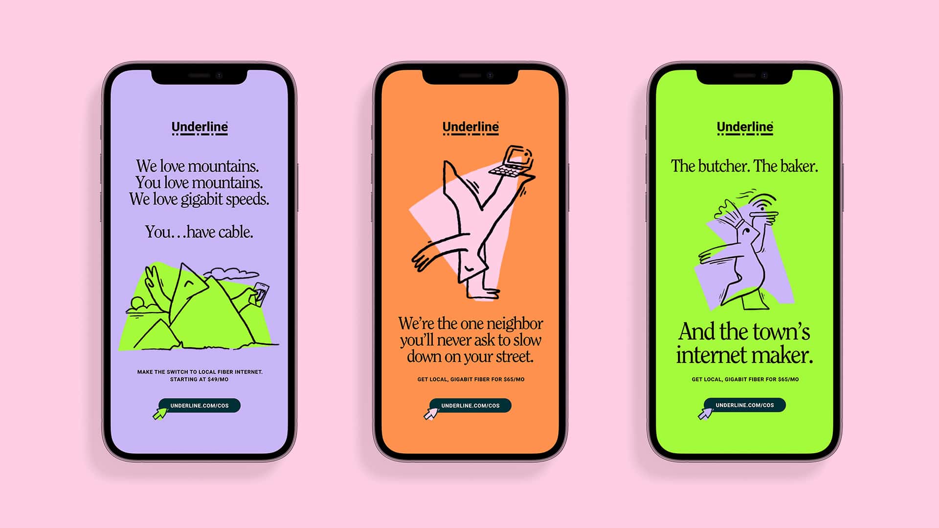 Three Underline social advertisement mockups with colorful backgrounds and illustrated mascot Ollie