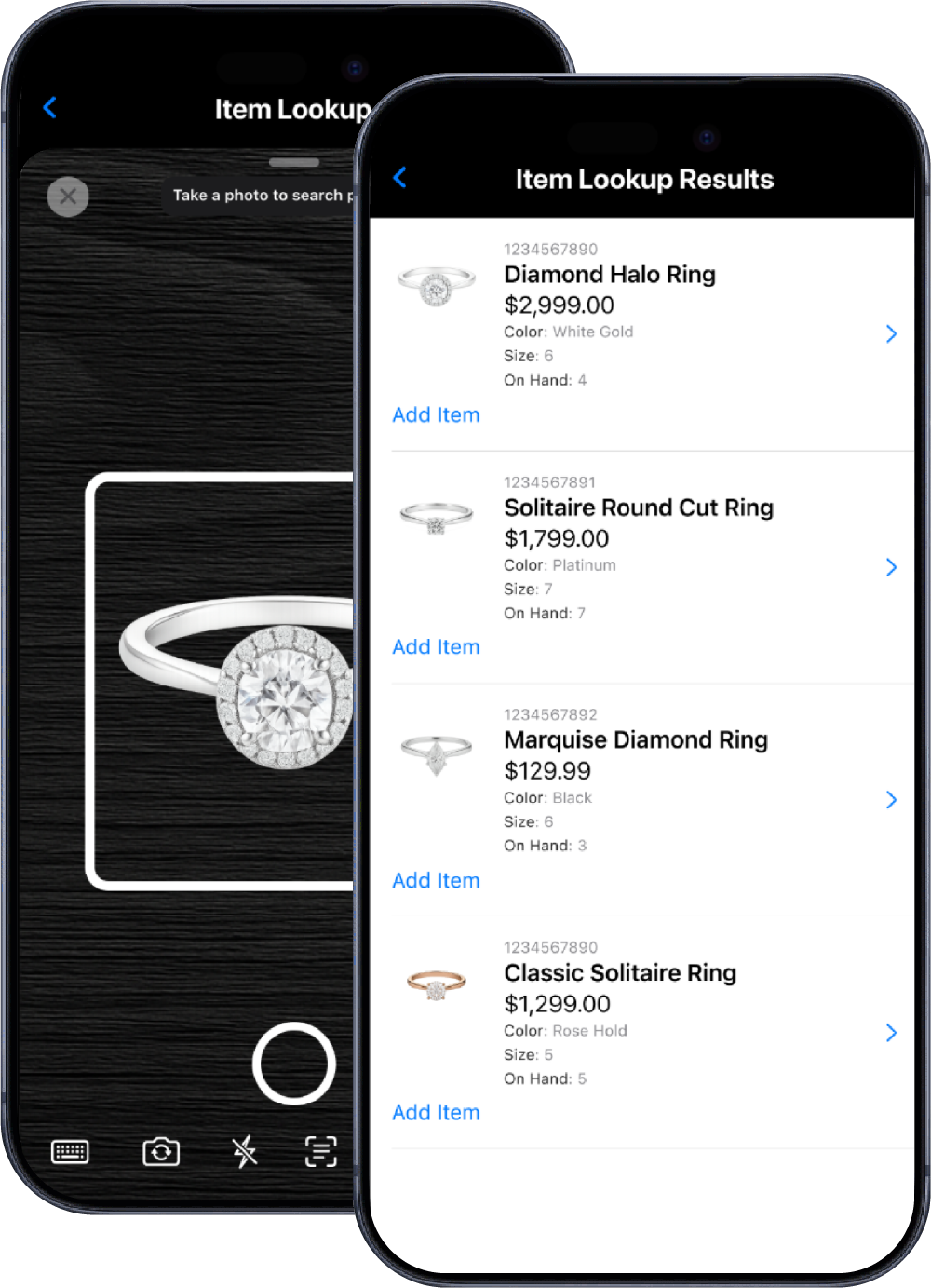 KWI mobile product image search interface showing camera-based jewelry identification and catalog results