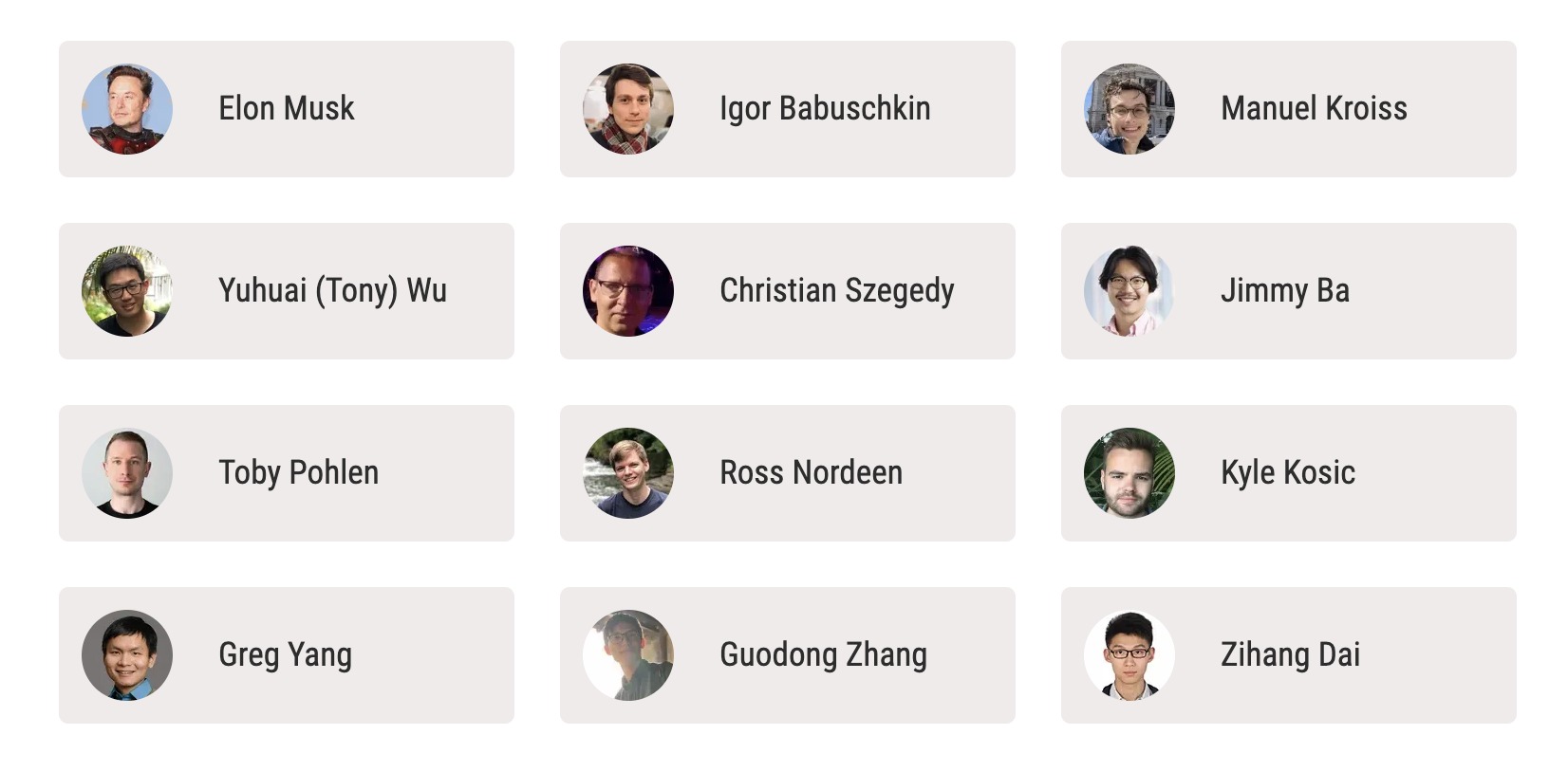 The original xAI team roster with twelve names and portraits, including Kyle Kosic in the third row