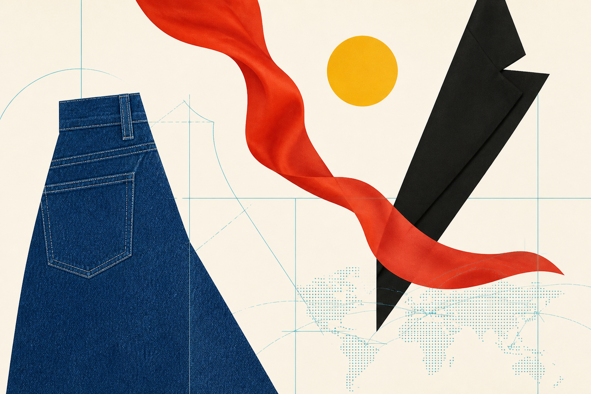 Abstract Swiss-style composition of denim, silk, tailoring and a global grid