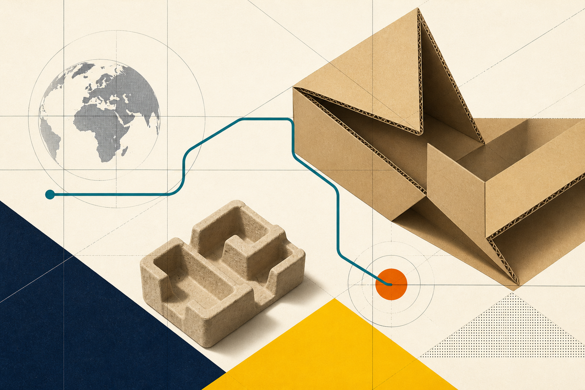 Abstract Swiss-style composition of corrugated board, molded fiber and a global route line