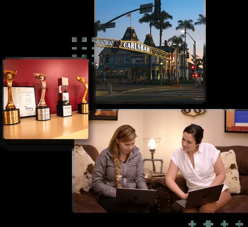 L7 Creative collage showing Carlsbad, agency awards and two colleagues working together