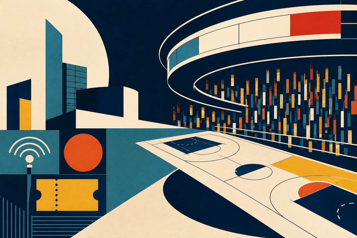 Abstract Swiss-style illustration of a basketball arena, halo board, crowd and connected fan services