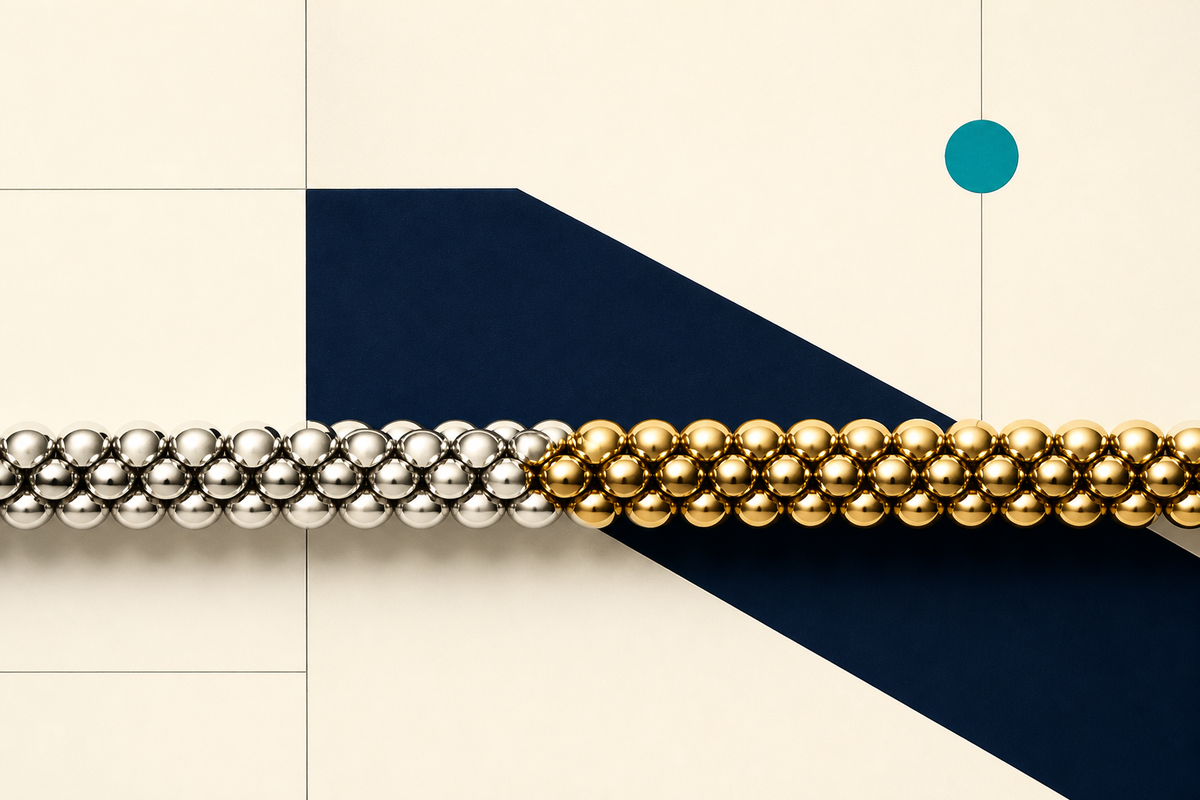 Abstract Swiss-style composition of silver and gold beads crossing a navy geometric plane