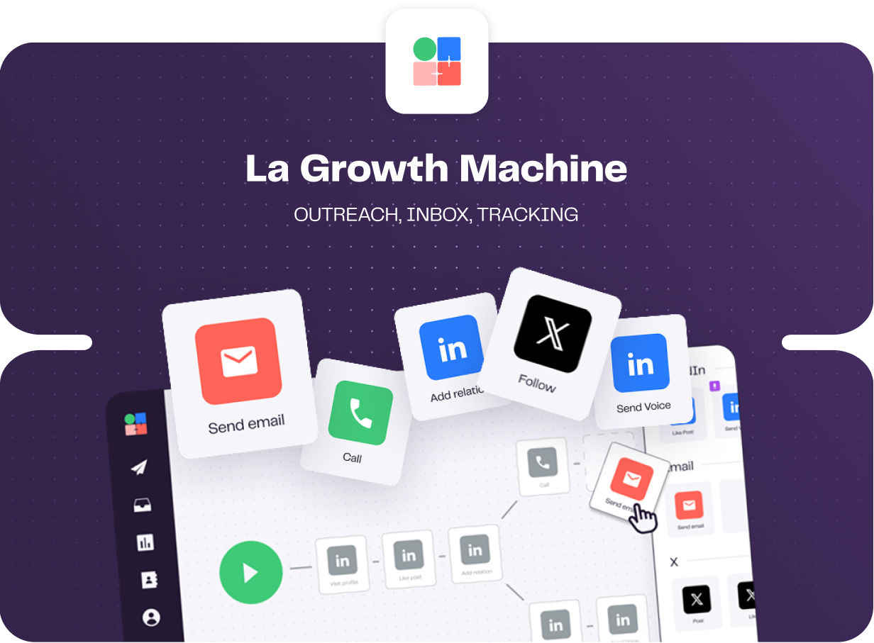 La Growth Machine interface illustration showing campaign and inbox controls
