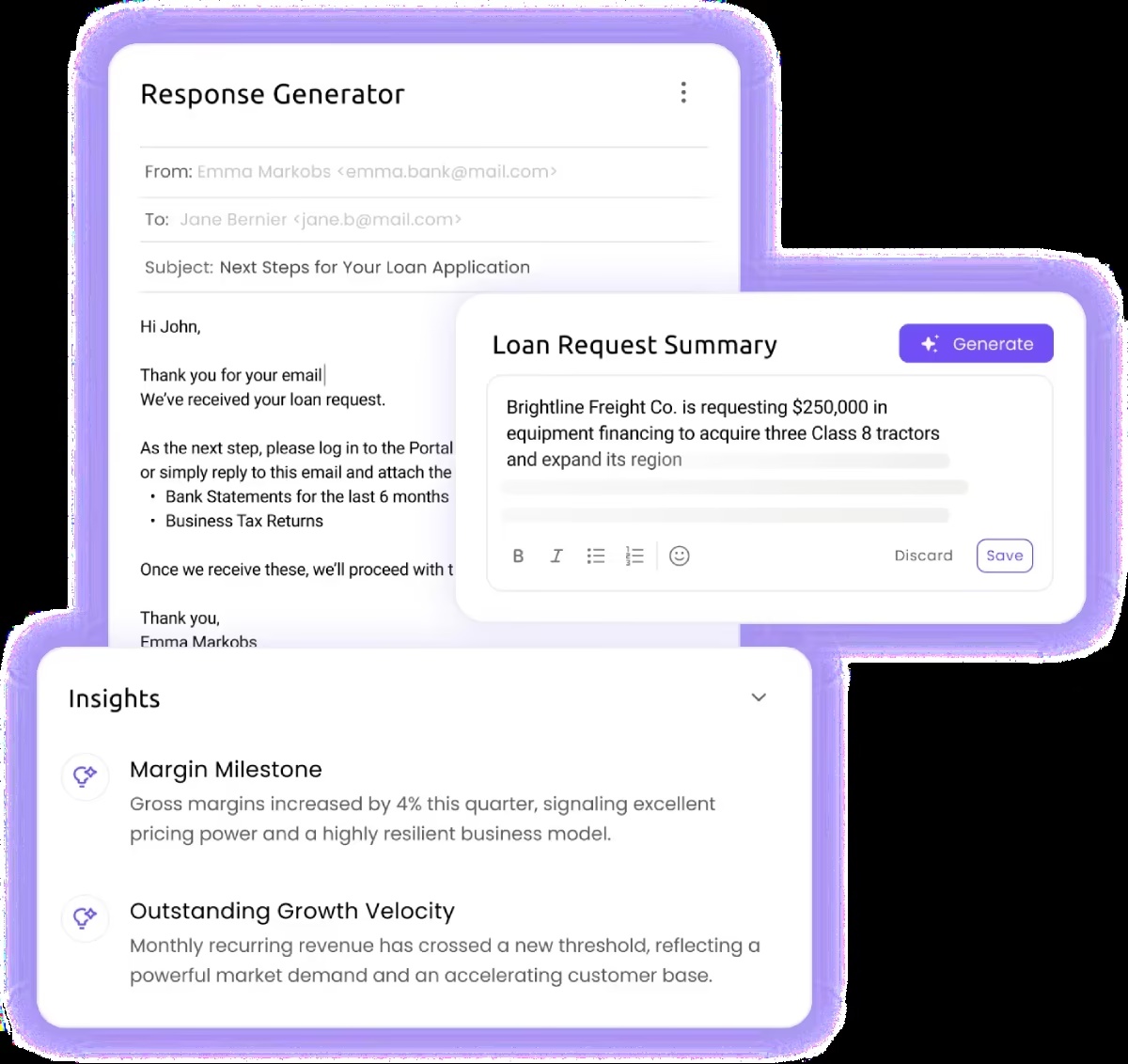 Lama AI sample interface showing a drafted borrower email, loan summary and business insights