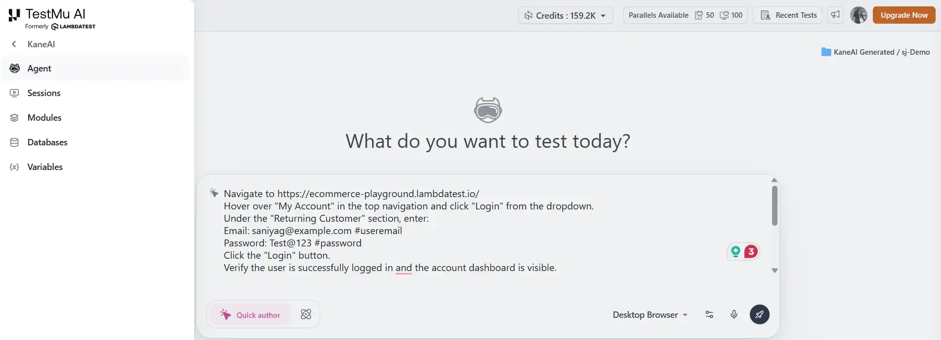 KaneAI interface showing natural-language instructions for an ecommerce login test