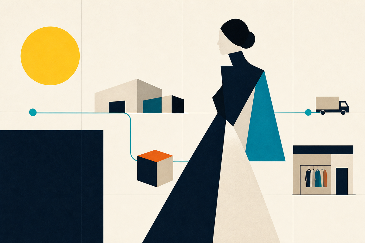 Abstract Swiss-style illustration connecting a fashion figure, warehouse, parcel, store and delivery route