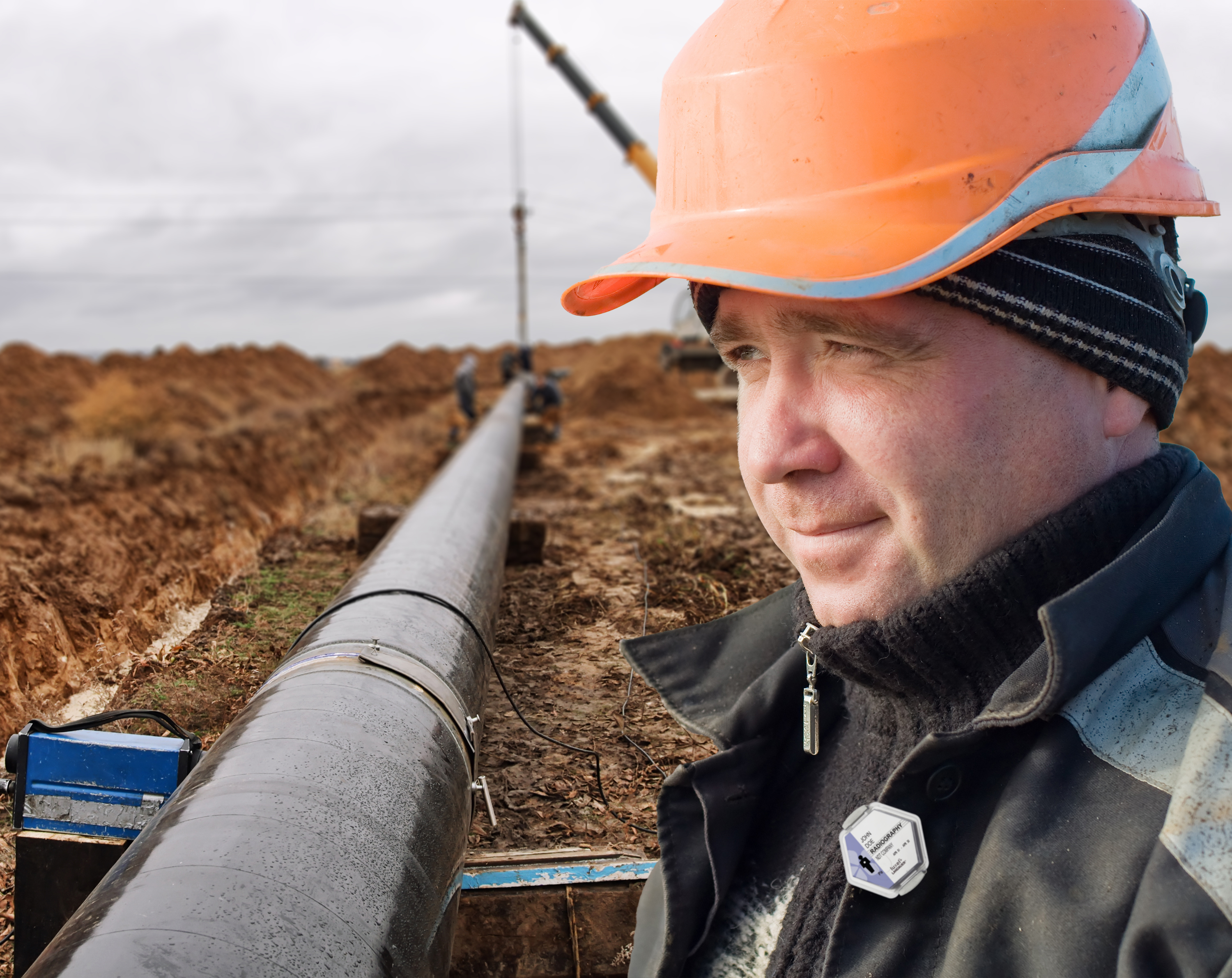 LANDAUER promotional composite showing an industrial worker wearing a Luxel+ badge beside a pipeline