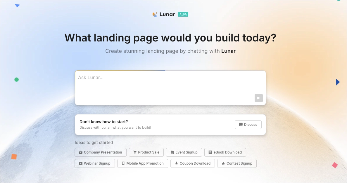 Landingi Lunar AI workspace generating a landing page
